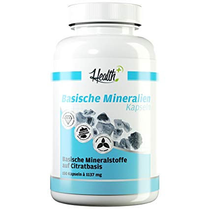 HEALTH+ Basische Mineralien Basen Citrate 150 Kapseln, organische Mineralstoffe und Spurenelemente - Magnesium, Kalzium, Kalium, Citratbasis, reguliert Säure-Basen-Haushalt, Made in Germany