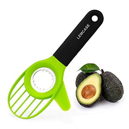 LEMCASE Avocadoschneider - Avocadoschäler, Avocado Slicer Cutter aus Edelstahl Klinge und Silikon Griff | Grün (3-in-1)