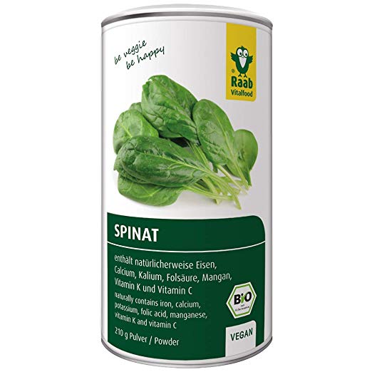 Raab Vitalfood Bio Spinat-Pulver, 100 % Spinat aus biologischem Anbau in Deutschland, vegan, glutenfrei, enthält natürlicherweise Eisen, Calcium, Kalium und Folsäure, 1er Pack (210 g)