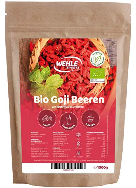 Bio Goji Beeren 1kg ungeschwefelt, sonnengetrocknet, ohne Zusätze Original Goji Wolfsbeeren - 1000g Gojibeeren - Wehle Sports