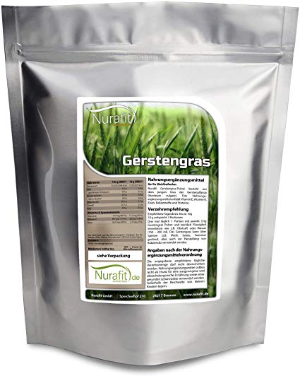 Nurafit reines Gerstengras-Pulver I Rein vegan und glutenfrei I Zertifizierte Spitzenqualität I Gerstenpulver ohne Zusatzstoffe I Gerstengrassaft Smoothie-Pulver I 1000g / 1kg