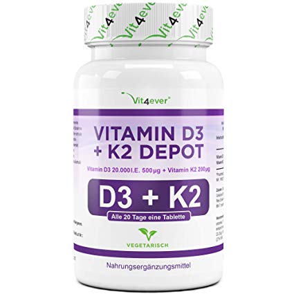 Vit4ever® Vitamin D3 20.000 I.E + Vitamin K2 200 mcg Menaquinon MK7 Depot - 180 Tabletten - 99,5% All-Trans (K2VITAL® von Kappa) - Laborgeprüft - Vegetarisch - Hochdosiert - Premium Qualität