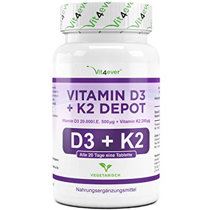 Vit4ever® Vitamin D3 20.000 I.E + Vitamin K2 200 mcg Menaquinon MK7 Depot - 180 Tabletten - 99,5% All-Trans (K2VITAL® von Kappa) - Laborgeprüft - Vegetarisch - Hochdosiert - Premium Qualität
